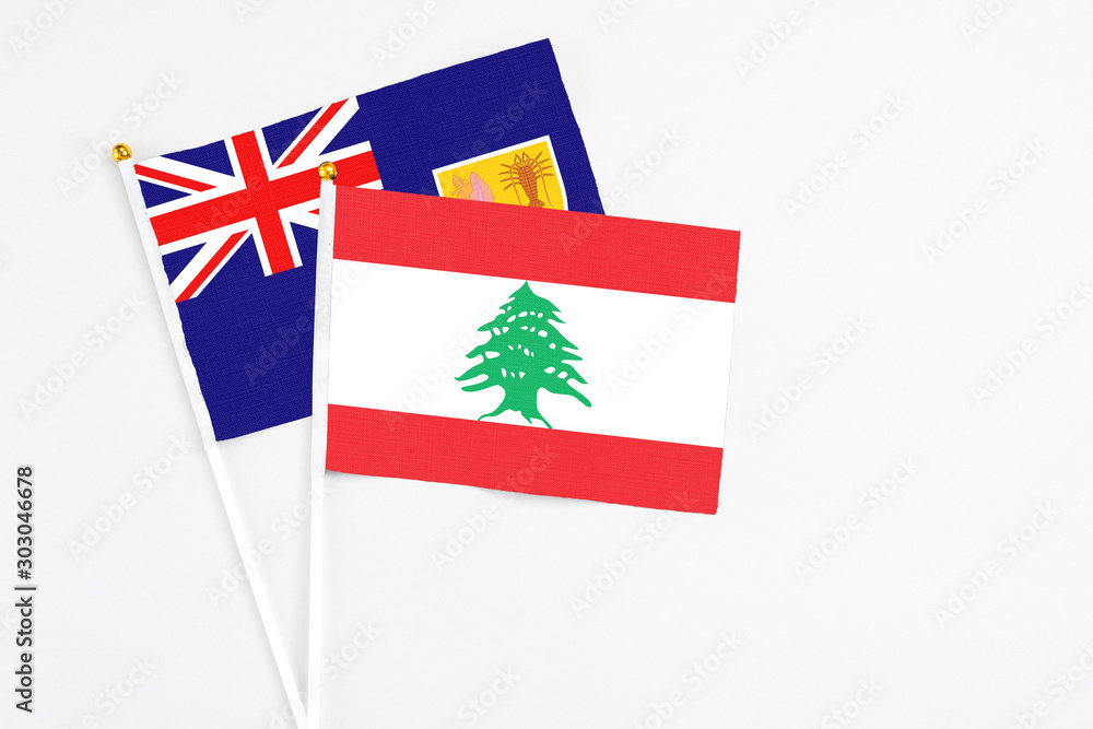 Fototapeta premium Lebanon and Turks And Caicos Islands stick flags on white background. High quality fabric, miniature national flag. Peaceful global concept.White floor for copy space.