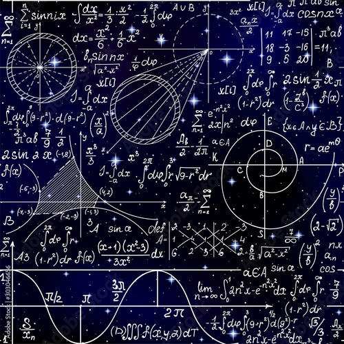 Math endless scientific seamless background with handwritten scientific formulas, figures and calculations over space stars photo