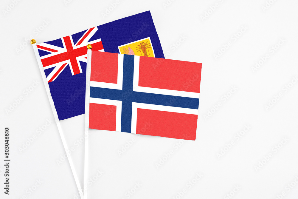 Fototapeta premium Norway and Turks And Caicos Islands stick flags on white background. High quality fabric, miniature national flag. Peaceful global concept.White floor for copy space.