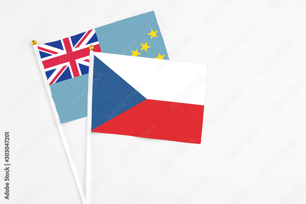 Czech Republic and Tuvalu stick flags on white background. High quality fabric, miniature national flag. Peaceful global concept.White floor for copy space. Czech Republic and Tuvalu stick flags on white background. High quality fabric, miniature national flag. Peaceful global concept.White floor for copy space.