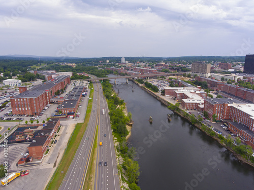 Photography Manchester Merrimack River and historic mill aerial view, Manchester, New Hampshire, NH, USA