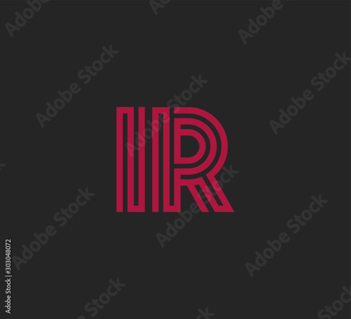 Initial two letter red line shape logo on black vector IR