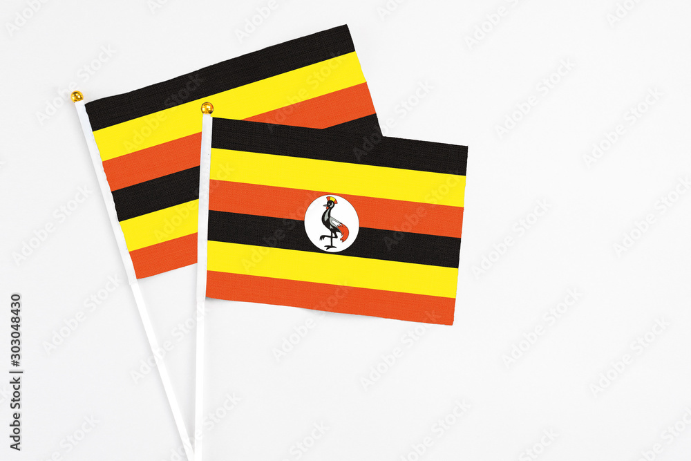 Fototapeta premium Uganda and Uganda stick flags on white background. High quality fabric, miniature national flag. Peaceful global concept.White floor for copy space.