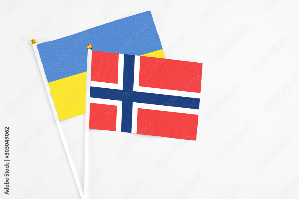 Norway and Ukraine stick flags on white background. High quality fabric, miniature national flag. Peaceful global concept.White floor for copy space.