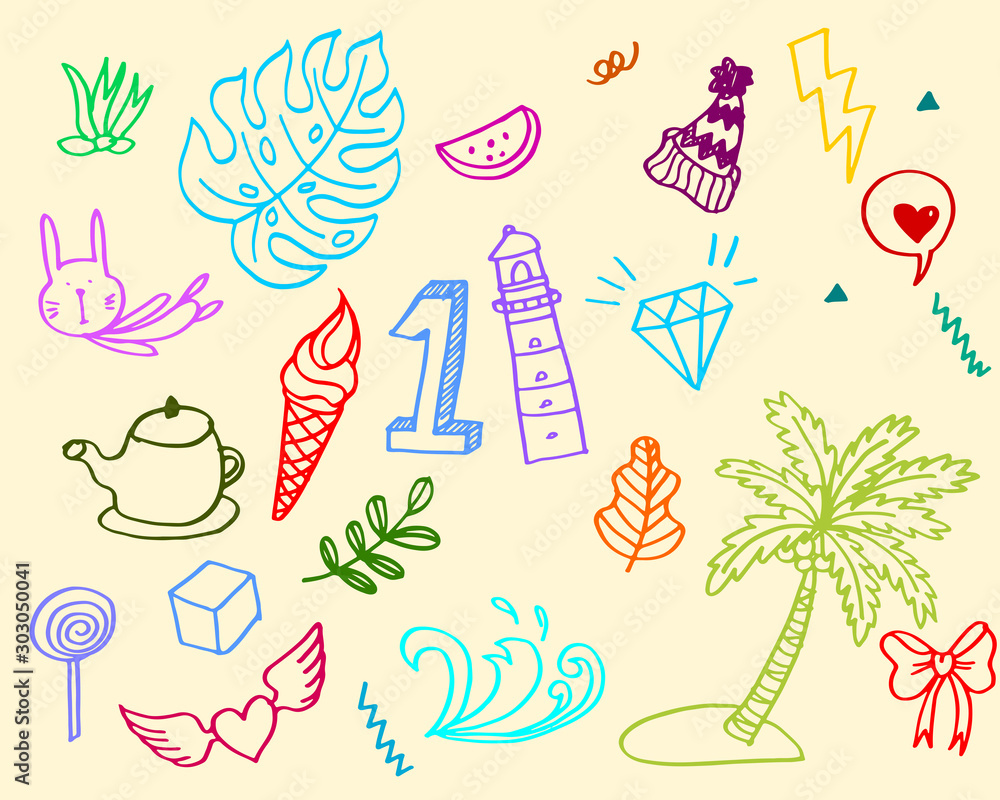 Naklejka premium hand-drawn colorful cute doodle set isolated on white background. Vector illustration.