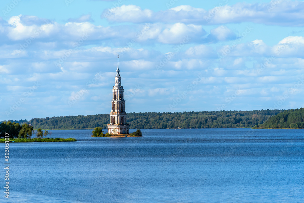 The Bell tower among water. Flooded town of Kalyazin, Russia.