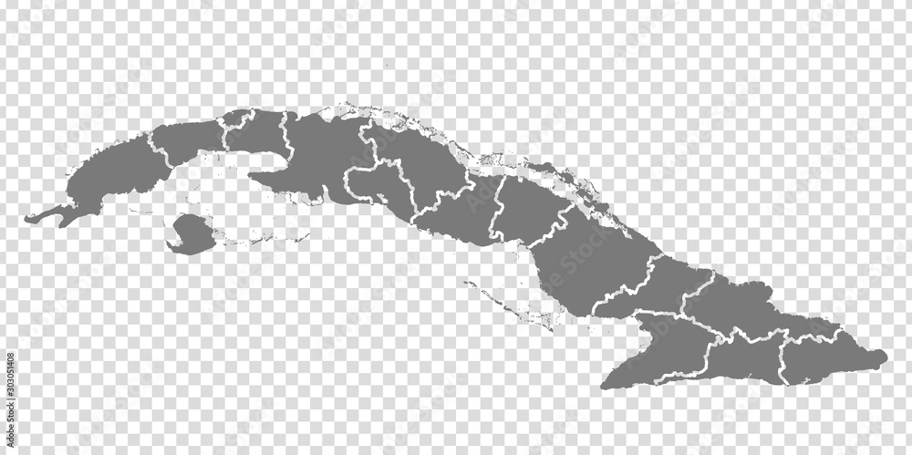 Blank map Republic of Cuba. High quality map of  Cuba with provinces on transparent background for your web site design, logo, app, UI.  America. EPS10.