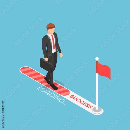 Isometric businessman walking on progress loading bar with flag target
