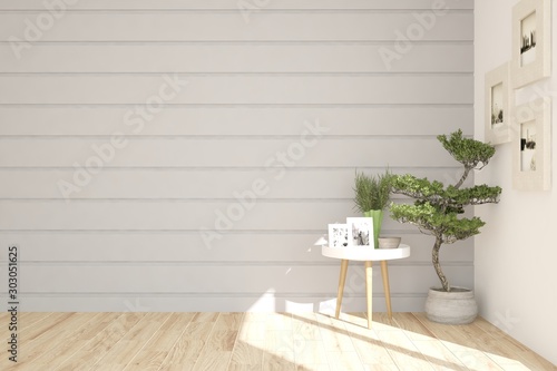 Empty room in white color with table and plant. Scandinavian interior design. 3D illustration