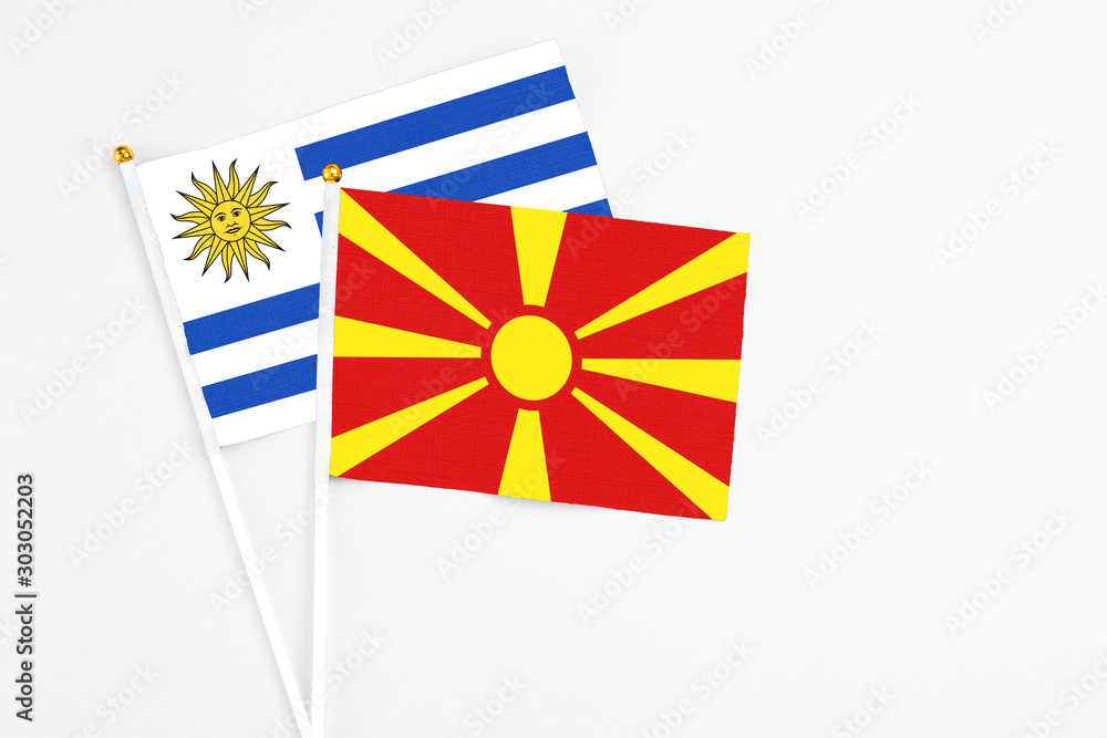 Macedonia and Uruguay stick flags on white background. High quality fabric, miniature national flag. Peaceful global concept.White floor for copy space.