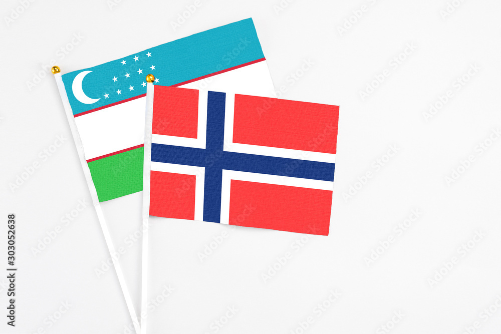Obraz premium Bouvet Islands and Uzbekistan stick flags on white background. High quality fabric, miniature national flag. Peaceful global concept.White floor for copy space.