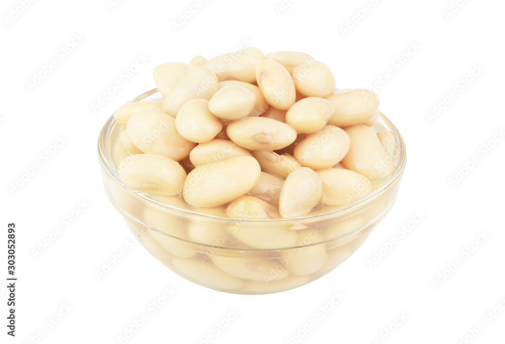 Baked white beans in glass bowl isolated on white background Baked white beans in glass bowl isolated on white background