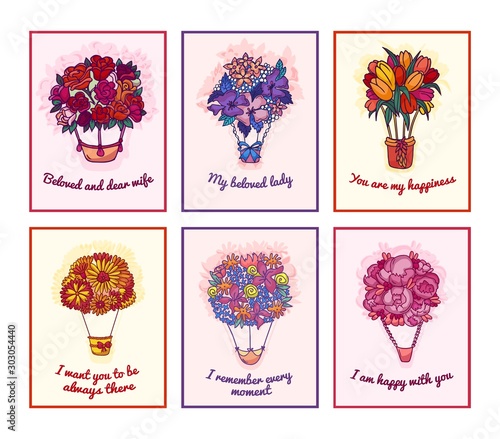Flowering bouquets set concept vector illustration. Greeting cards flowers on...