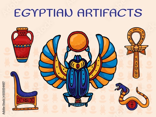 Egyptian artifacts vector illustration. A set of sacred symbols and decorations of ancient Egypt scarab, vase, cross with Ankh ring, snake and throne.