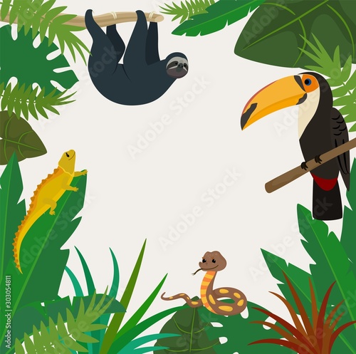 Tropical exotic plant and animal vector illustration. Summer green rainforest...