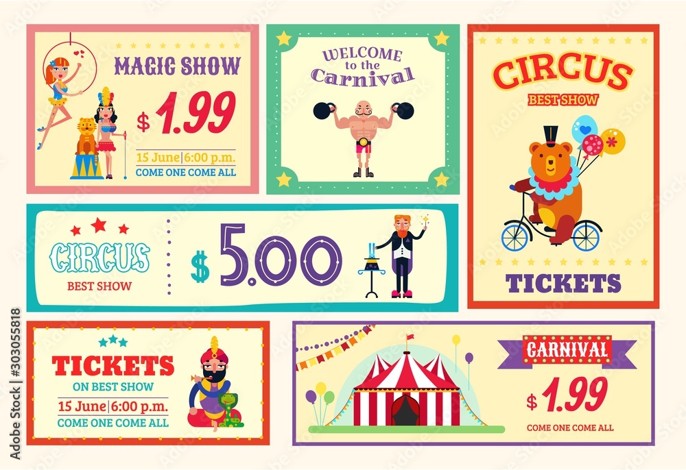 Circus amusement banner poster card tickets set vector illustration. Different circus performances carnival, magic show, trained wild animals, aerialists and athletes.