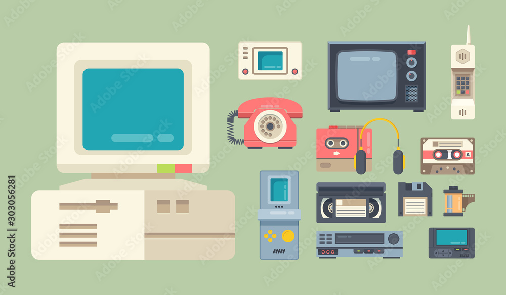 Old school gadgets flat vector illustrations set Old school gadgets flat vector illustrations set