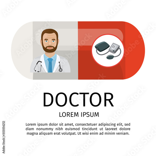 Doctor cardiologist cartoon vector illustration isolated. Medical heart care concept with pill, tonometer and stethoscope. Web banner, website, poster.