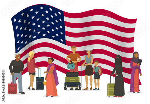 United States of America emigration vector illustration. Different races and nationalities people with suitcases go to USA. American flag in background. photo