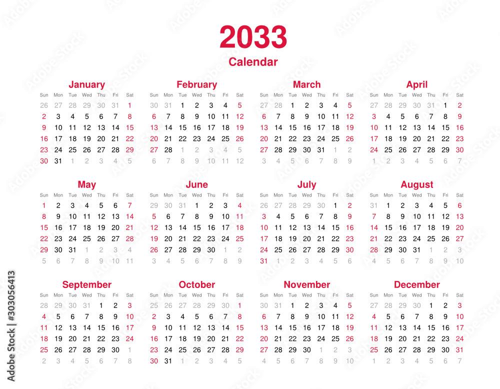 Calendar 2033 - 12 months yearly vector calendar in year 2033 - calendar template - planner calendar Calendar 2033 - 12 months yearly vector calendar in year 2033 - calendar template - planner calendar