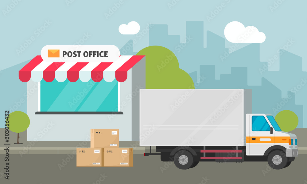 Post office on city street and cargo truck loading or delivered parcel boxes vector illustration, flat cartoon postoffice storage building and delivery car, transportation or warehouse
