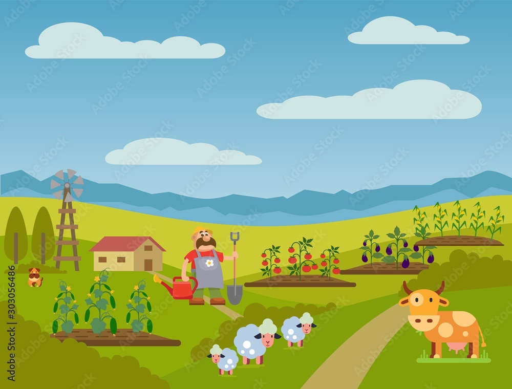 Naklejka premium Farmer man with shovel and watering can cartoon flat style vector illustration. Animal cow, sheeps and garden beds with vegetables cucumbers, tomatoes, eggplants, corn.
