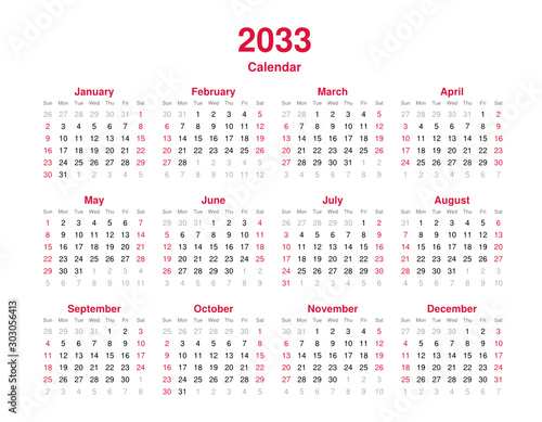 Calendar 2033 - 12 months yearly vector calendar in year 2033 - calendar template - planner calendar
