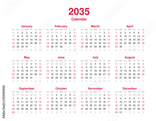 Calendar 2035 - 12 months yearly vector calendar in year 2035 - calendar template - planner calendar