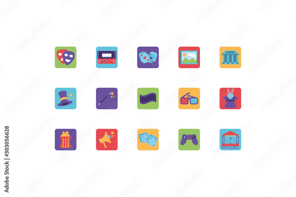 set of icons of entertainment on white background set of icons of entertainment on white background