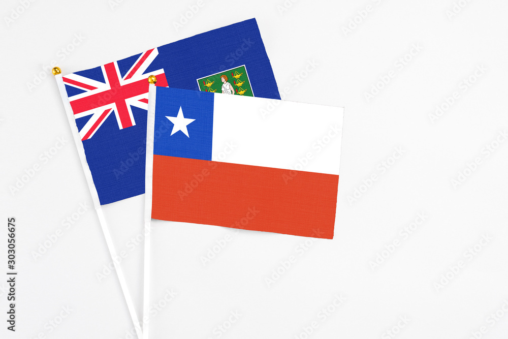 Chile and British Virgin Islands stick flags on white background. High quality fabric, miniature national flag. Peaceful global concept.White floor for copy space. Chile and British Virgin Islands stick flags on white background. High quality fabric, miniature national flag. Peaceful global concept.White floor for copy space.