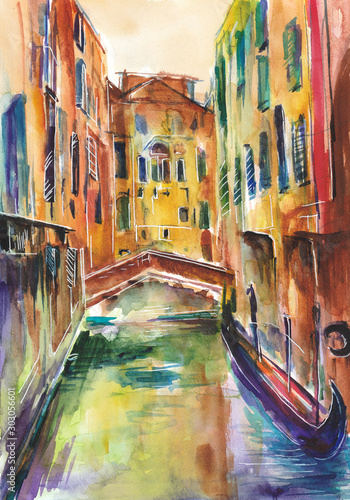 Obraz malowany recznie akwarelą przedstawiający kanał w Wenecji we Włoszech