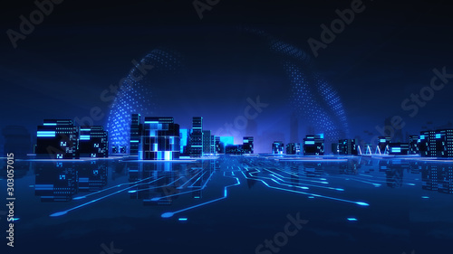 Cityscape futuristic 3d city neon light with power energy ball