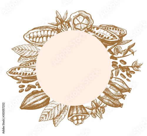 Wreath with cocoa hand drawn vector illustration. Design element with cocoa f...