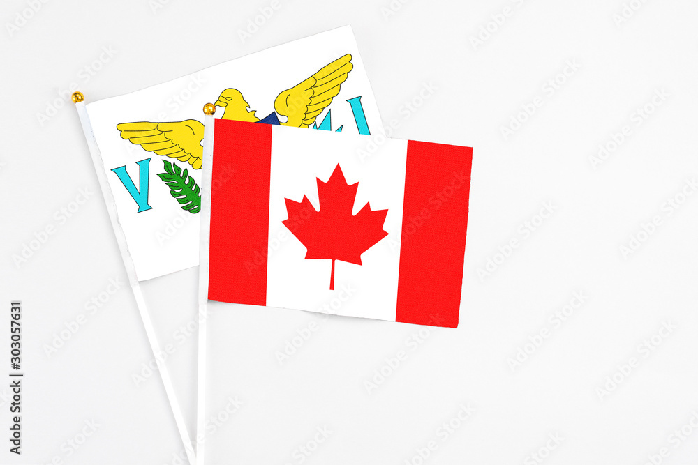Canada and United States Virgin Islands stick flags on white background. High quality fabric, miniature national flag. Peaceful global concept.White floor for copy space. Canada and United States Virgin Islands stick flags on white background. High quality fabric, miniature national flag. Peaceful global concept.White floor for copy space.