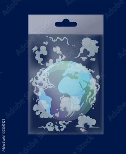 Earth globe with evaporation in polythene bag vector illustration flat style. Greenhouse effect, global warming catastrophe and no plastic campaign concept. World environment day.