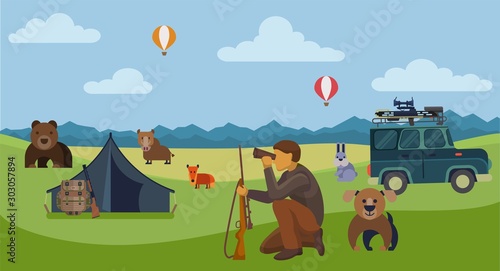 Hunter with dog and rifle hunt for wild animals outdoors looking prey through binoculars. Hunting season vector illustration. Bear, fox, wild boar as a trophy.