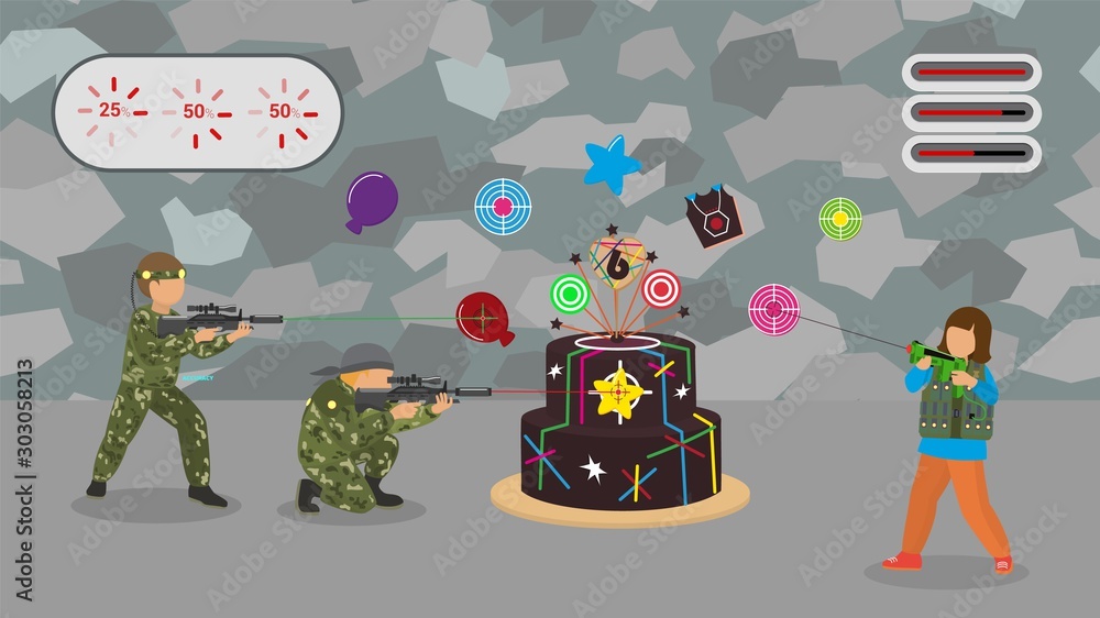 Children playing laser tag game vector illustration. Kids birthday fun entertainment. Boys and girl shooting with laser rifles on holiday cake background.