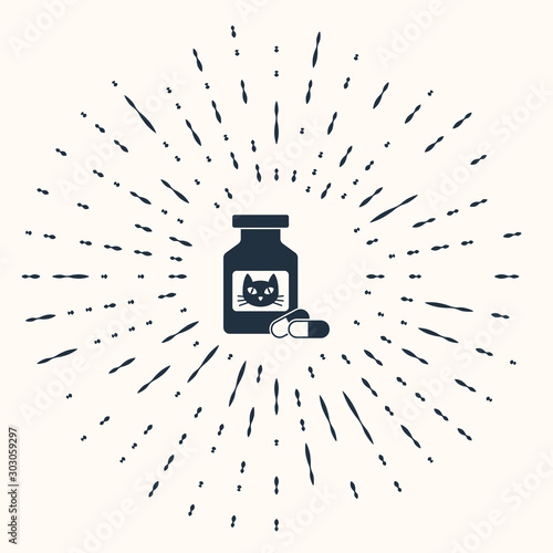 Grey Cat medicine bottle and pills icon isolated on beige background. Container with pills. Prescription medicine for animal. Abstract circle random dots. Vector Illustration