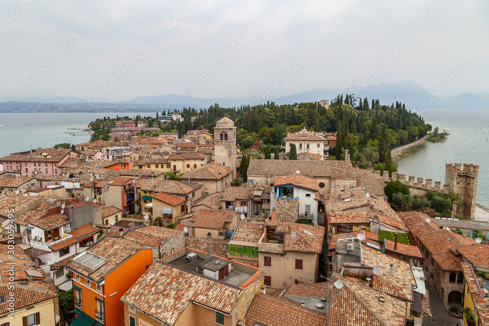 SIRMIONE / ITALY - JULY 2015: View over historic centre of Sirmione town, Garda lake, Italy