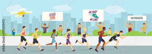 Running jogging marathons competitions race vector illustration. Sport runners group men and women in motion. Running man finishing first. City background.