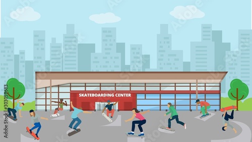 Skateboarders different active people outdoors vector illustration. Skateboarding extreme sport city urban center background man woman boy girl jumping tricks.