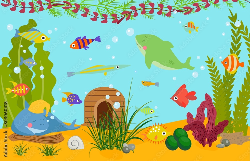 Tropical fishes underwater world wildlife sea, ocean, marine, aquarium vector illustration. Colorful funny cartoon decorative fishes and algae aquatic life wallpaper.