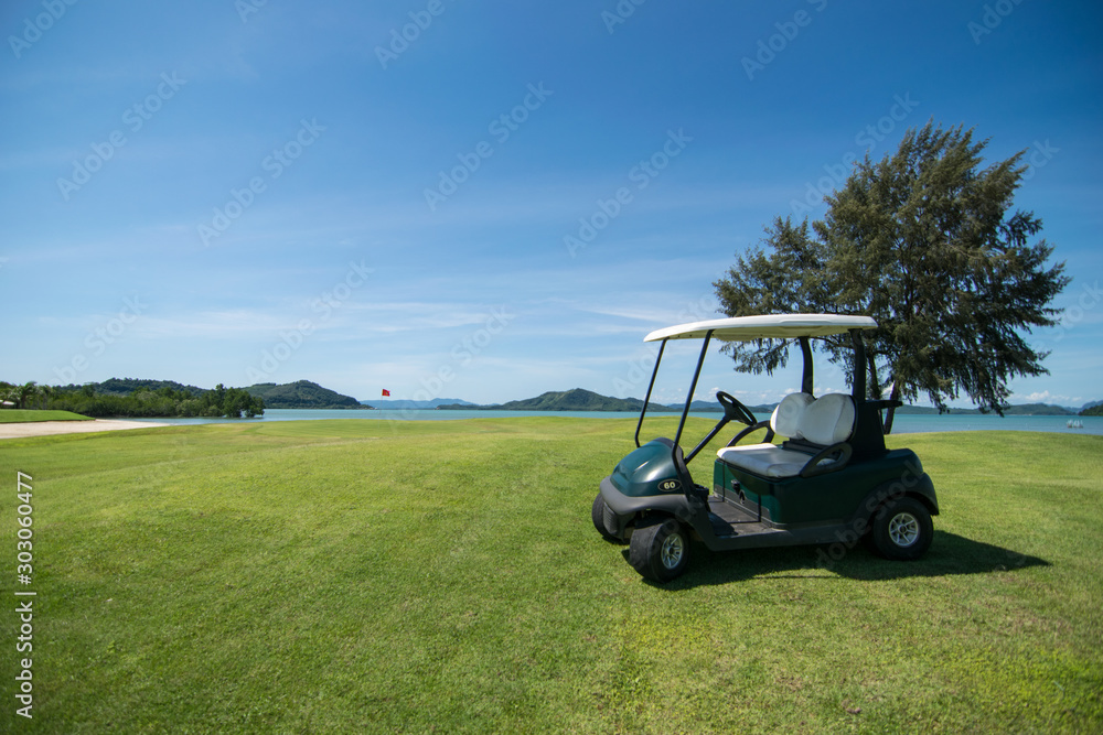 Golf carts on fairway with clear sky