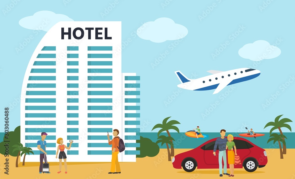People came for summer rest, beach vacation and water activity by aircraft and car vector illustration. Tourists makes photos in front of hotel building near sea.