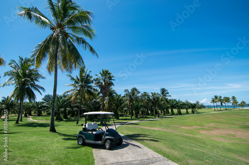 Golf carts on a golf course with blue sky