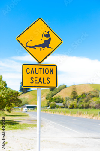Road sign warning about wild seals in the area on the road next to the coast in Kaikoura, New Zealand´s south island.