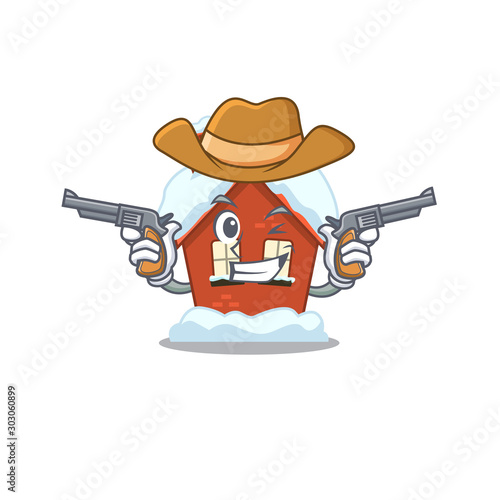 Cartoon winter house with in cowboy character