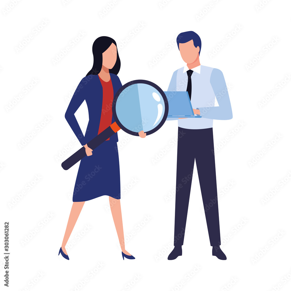 avatar businessman and businesswoman holding a big magnifying glass avatar businessman and businesswoman holding a big magnifying glass