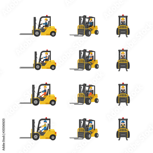 Set of forklift trucks with workers photo