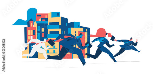 Silhouettes of business people running with briefcases in the city. Vector illustration isolated on white background 